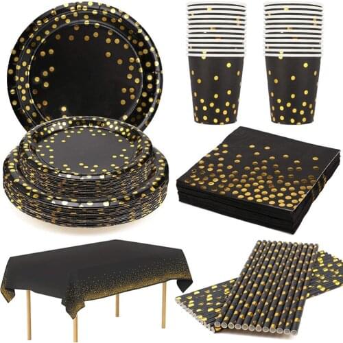 Wedding party Black Bronzing golden dots disposable tableware for birthday party decorations kids baby shower party supplies