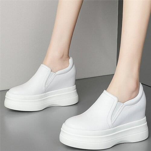 Platform Oxfords Shoes Women Slip On Genuine Leather Wedges High Heel Pumps Shoes Female Round Toe Fashion Sneakers Casual Shoes