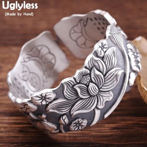 Uglyless Real 999 Silver Buddhistic High Jewelry for Women Embossed Leaf Lotus Fish Bangles Super Wide 28MM Open Bangle BA719