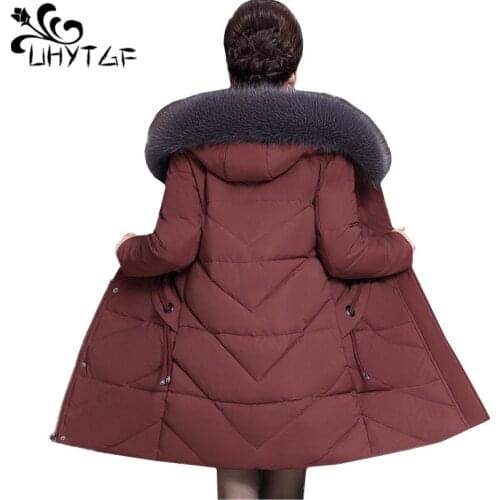 UHYTGF Elegant women winter coat fur collar hooded cold-proof warm jacket down jacket casual 5XLPlus size coat parker women 1018