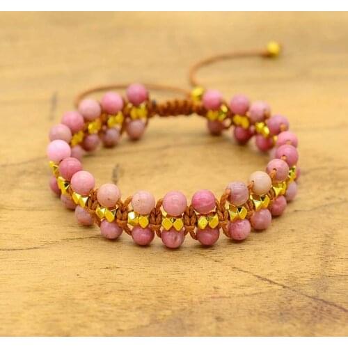 4Unik Unique Rhodonite Gold Beads Handmade Wrap Bracelets Wholesale Bohemia Weaving Bracelet Birthday Gift Boho Jewelry 4UN-B114