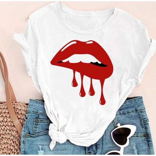 Women Cartoon Funny Sexy Lip Casual Camisetas Fashion Print Graphic Summer Short Sleeve Female Clothes Tops Tees Tshirt T-Shirt