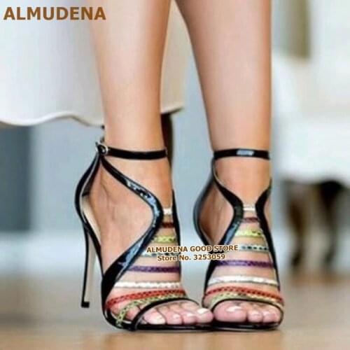 ALMUDENA Women Multi-Sankeskin Strappy Sandals Hollow Out Cage Dress Pumps Black Patent Leather Buckle Strap Party Shoes Size47