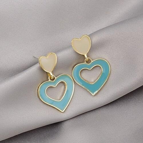 Womens Earrings Enamel Plated Color Heart Ear Stud Pendant Vintage Metal Retro Earring 2021 Trendy Fashion Female Jewelry