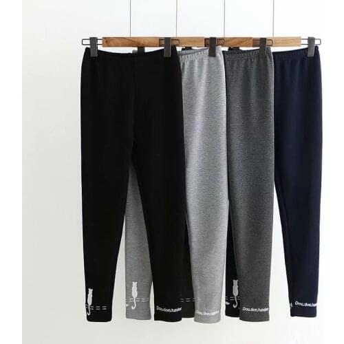 Cute Cat Embroidery Womens Thicken Leggings Cashmere Trousers Preppy Style Pants Fall Winter Black Gray Blue