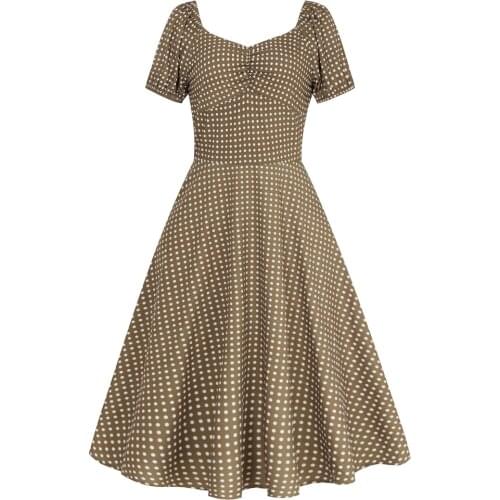 2021 Summer Polka Dot A Line Dress VD1486 Women Ladies Blue Coffee Green White Short Sleeve Swing Retro Vintage Dress