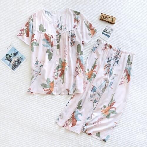 2PCS Women Cotton Pajamas Sets Short Sleeve T-Shirt Pyjamas Suit Sleepwear Print Floral Nightwear M-XL Lounge Sexy Home Clothes