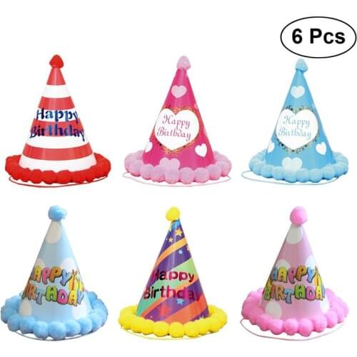 6pcs Birthday Hat Pompom Ball Lovely Pointed Paper Hat Party Hats Party Supplies Headwear for Children Kids