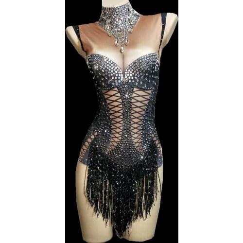 Sparkly Crystals Black Fringes Bodysuit Women Bling Rhinestones DJ Jazz Dance Costume Stage Performance Nightclub Show Outfit