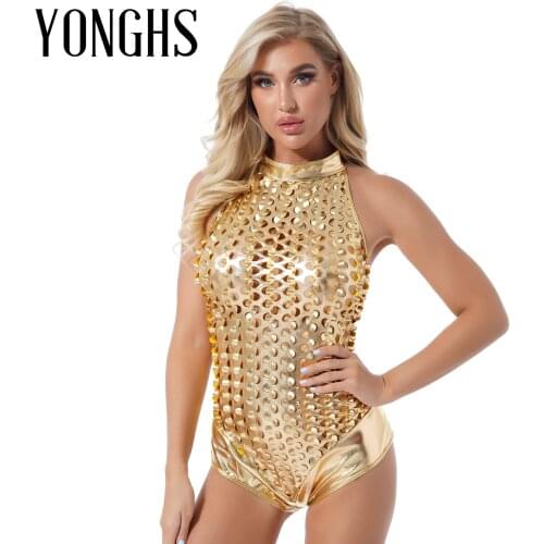 Womens Patent Leather Bodysuit Rave Bar Stage Show Clubwear Shiny Hollow Out Zipper Back Sleeveless Catsuit Pole Dance Rompers