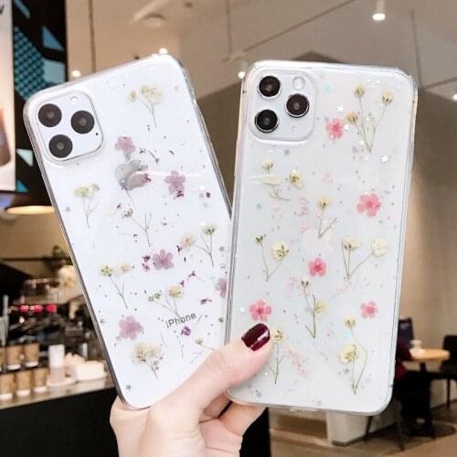 Real Dry Flower Daisy Glitter Clear Case For iPhone 11 Pro Max XS MAX X XR 8 7 6 6s Plus SE 2020 Star Transparent Soft TPU Cover