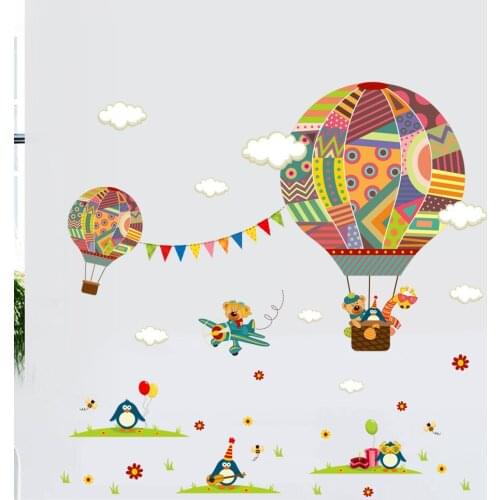 Colorful Hot Air Balloon Animal Nursery Room Wall Stickers Bear Giraffe Children Room Cartoon Classroom Wall Art Decals Poster