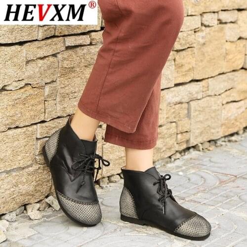 HEVXM 2021 Handmade Retro Genuine Leather Lace Up Flats Splicing Design Round Toe Ankle Boots Coffe/Brown/Black