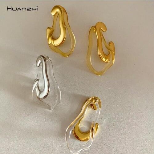 HUANZHI 2021 Irregular Transparent Water Droplets Resin Stud Earrings Double-Layer Contrast Metal For Women Girls Party Jewelry