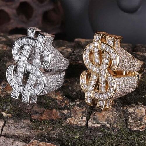 Fashion Rock Iced Out Bling Gold Silver Color US Dollar Sign Rings AAA Cubic Zircon Hip Hop Ring for Men Jewelry