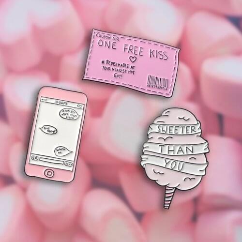 Pink Cartoon Collection Cotton Candy Sweeter Than You Free Kiss Ticket Message Badge Enamel Brooches Lapel Pins Gift For Lover