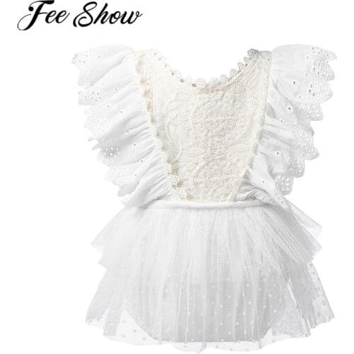 Summer Infant Baby Romper Baby Girls Clothing Ruffled Flutter Sleeves Lace Mesh Tutu Skirt Embroidery V-Back Tulle Romper Dress