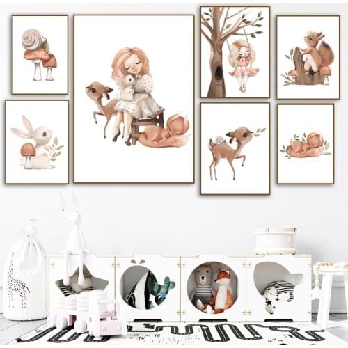 Cartoon Cute Girl Rabbit Deer Fox Mushroom Wall Art Canvas Painting Nordic Posters And Prints Wall Pictures Baby Kids Room Decor