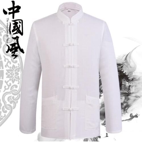 High Quality Spring Autumn Mens Long Sleeve Cotton Linen Tang Suit Shirts Kungfu Stand-collar Jackets