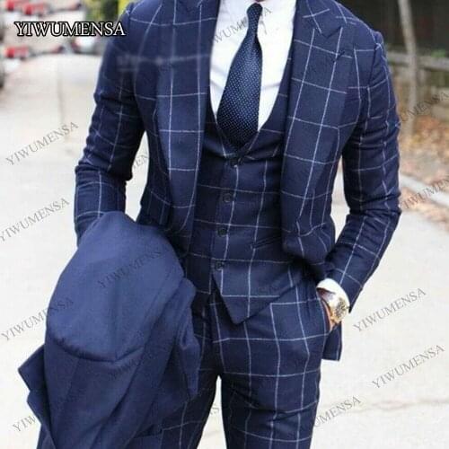 Navy Blue Wedding Suits For Men Mens 3 Piece Suits Checked Peak Wide Lapel Formal Tuxedos Groom Party Fashion Dinner Prom Suit