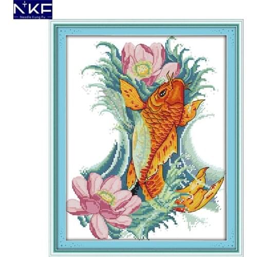 NKF Carp and Flowers Fish Cross Stitch Set Handmade Craft Needlework Cross-Stitch Embroidery Kit Cross Stitch for Home Decor