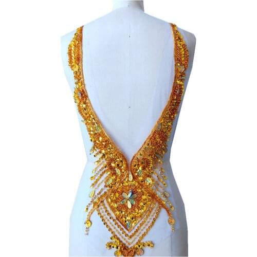 Zbroh New pure handmade rhinestones applique on mesh 58*30cm sew on golden crystals patches trim for dress DIY accessories