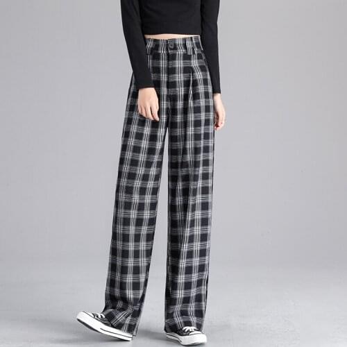 New 2020 Autumn Winter Women Pants High Waist Plaid Pant Lady Floor Length Straight Trousers Korean Style Streetwear