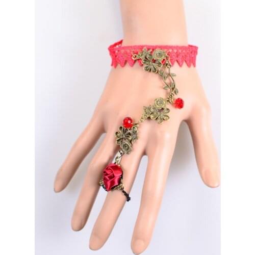 New Sexy Red Rose Flower Charm Pendant Crystal Lace Bracelet Vintage Alloy Metal Flower Jewelry for Girls In Party