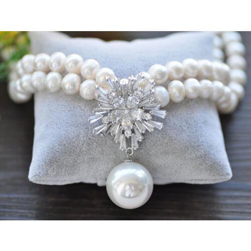 P7560 2row 18" 20mm White gray Black Round pearl Necklace Pendant Snowflake CZ