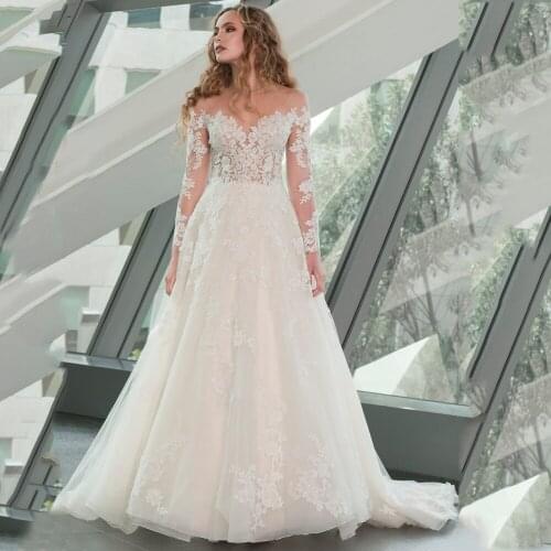 Scoop See Through Appliques Lace Tulle A-Line Long Sleeve Boho Wedding Dress Bridal Gown Vestido De Noiva