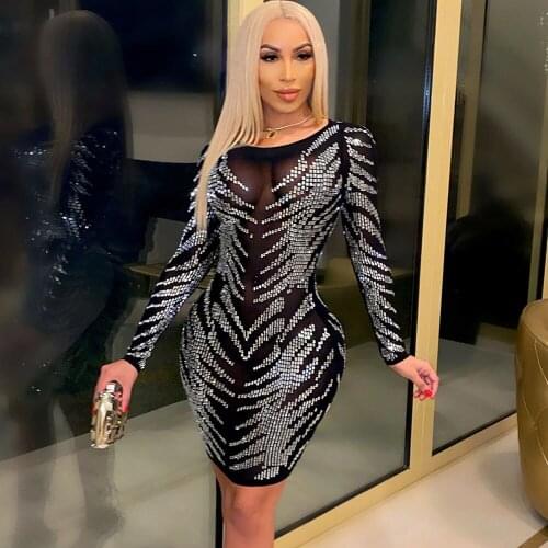 Rhinestone Sexy Club Dresses for Women Chic Mesh Sheer Black Bodycon Dress Long Sleeve Celebrity Elegant Mini Party Dress Robe