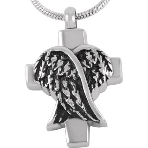 XWJ8177 Cross Cremation Pendant Angel Wings Memorial Urn Necklace, Stainless Steel Funeral Jewelry Ashes Urns Locket Keepsake