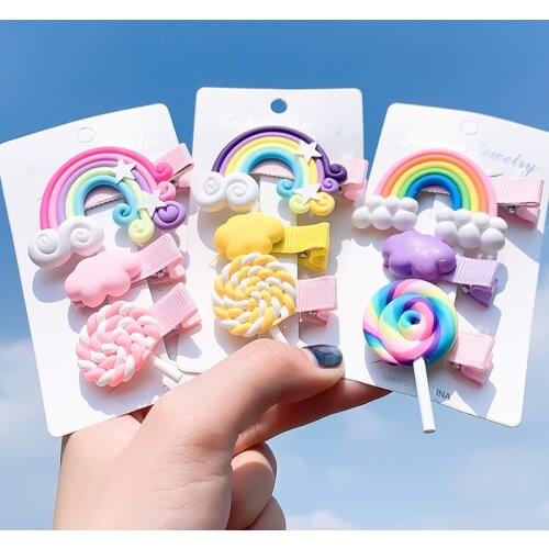 New Cute Rainbow Hair Clips For Girls Colorful Lollipop Hairpins Cartoon Cloud Barrettes Hairclip Set Children Hair Accessories