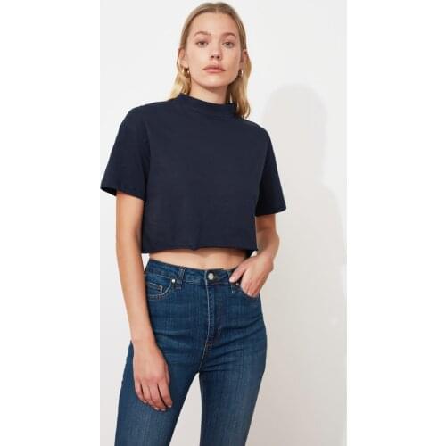 Womens Navy Blue Sheer Neck Crop Knitted T-Shirts Cotton Short cut Modern Fashion