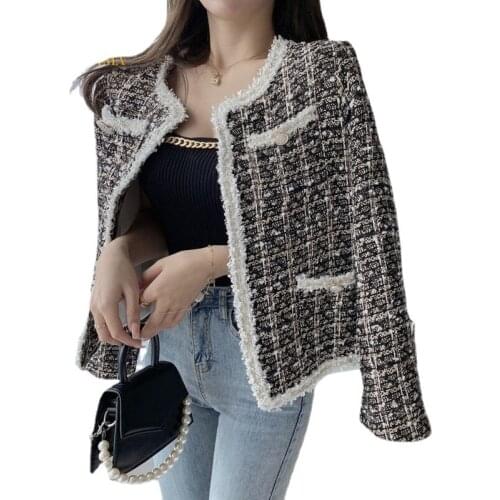 New Autumn Winter Tweed Jacket Women Vintage Single Breasted Long Sleeve Woolen Short Coat Small Fragrance Outwear Fashion