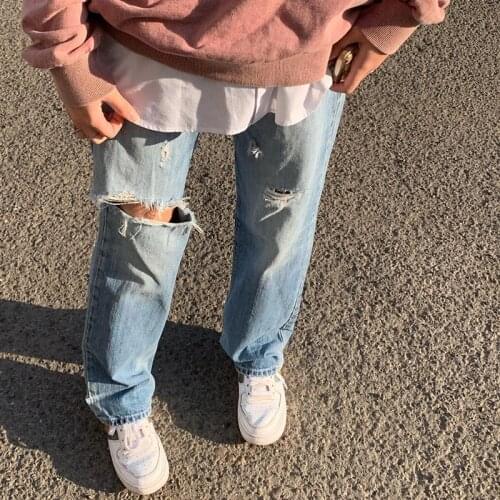 B-TOTO American Retro Light Blue High Waist Ripped Jeans Womens Trendy Ins Casual Pants Summer 2021 New Fashion