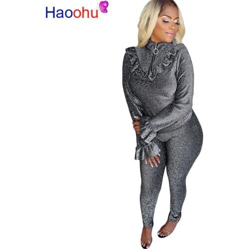 Lurex Velvet Causal 2 Piece Set Outfits Women Long Flare Sleeve Ruffles Zipper Top and Pencil Pants Plus Size Two Piece Sets