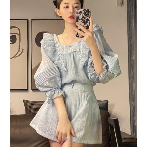 Autumn French Sweet Two Piece Set Women Lantern Sleeve Ruffled Shirt Blouse + Wide Leg Shorts Sets Holiday 2 Piece Pant Suits