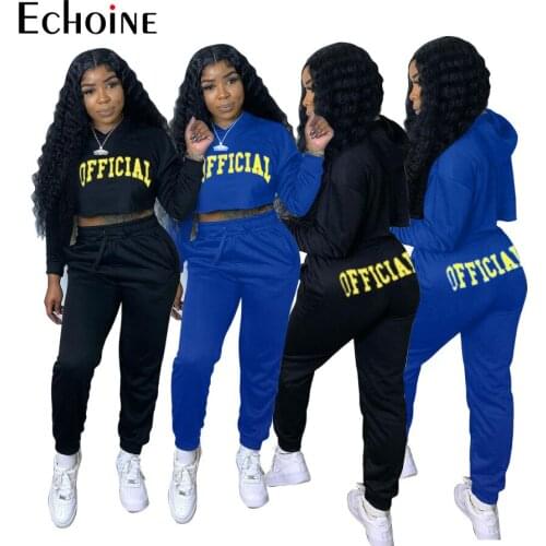 Echoine Autumn Solid Letter Printing Casual Two-piece Ladies Hooded Long Sleeve Letter Short Crop Top Trousers Sports Outfits