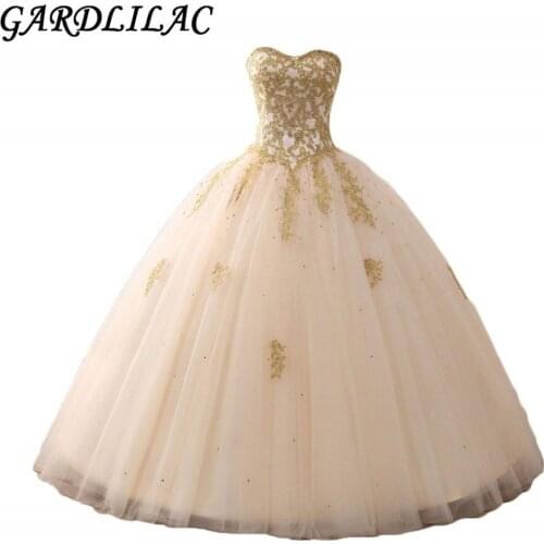 Gold Quinceanera Dresses Sweetheart Ball Gown Gold Appliques Beaded Vestido de debutante sweet 16 dresses Prom Dress Long 2019