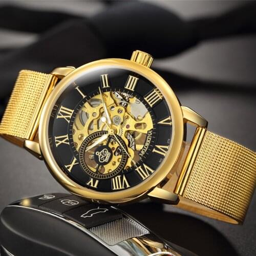 FORSINING Hot Sale Mens Business Stainless Steel Mesh Watch Skeleton Hollow Fashion Mechanical Hand Wind Luxury Wristwatch