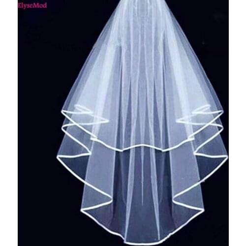 High Quality White Ivory Two 2 Layer Ribbon Edge Center Cascade Bridal Wedding Veil with Comb