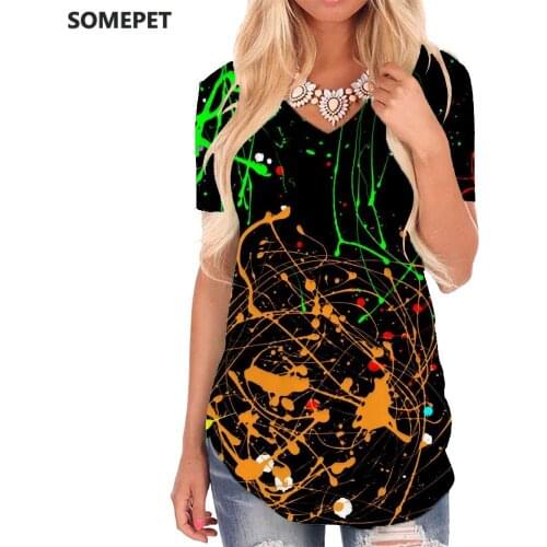 SOMEPET Colorful T Shirt Women Abstract V-neck Tshirt Painting T-shirts 3d Art Tshirts Printed Womens Clothing Punk Rock Printed