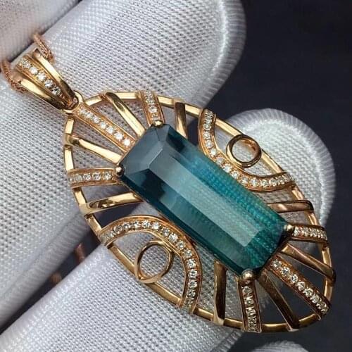 Fine Jewelry Real 18 K Rose Gold 100% Natural Blue Tourmaline 6.3ct Female Diamonds Gemstone Diamond Womens Pendants Necklaces