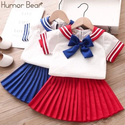 Humor Bear New Summer Girl Clothes Sets 2Pcs Fashion Navy Short Sleeve +Pleated Skirt Kids Clothes Suit Cute Toddler Clothes