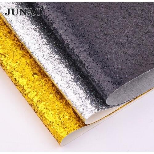 JUNAO 20*34cm Silver Gold Black Chunky Glitter Sequins Synthetic Leather Fabric Faux Artificial Leather Paillette Fabric Sheets