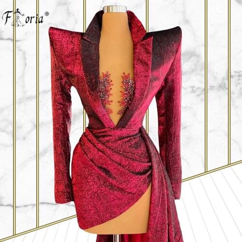 Red African Prom Dresses Long Sleeves Blazer Dress Flowers Beads High Low Cocktail Dress Plus Size Dubai Party Gowns