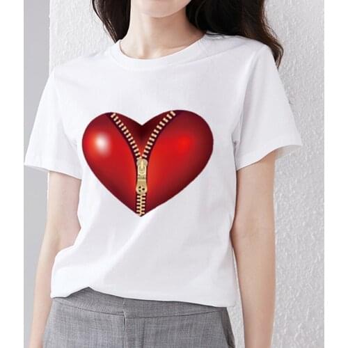Summer T-shirt Female White Print Street Small Fresh Wild Zipper Love Pattern Series Commuter Ladies Student Short-sleeved Shirt