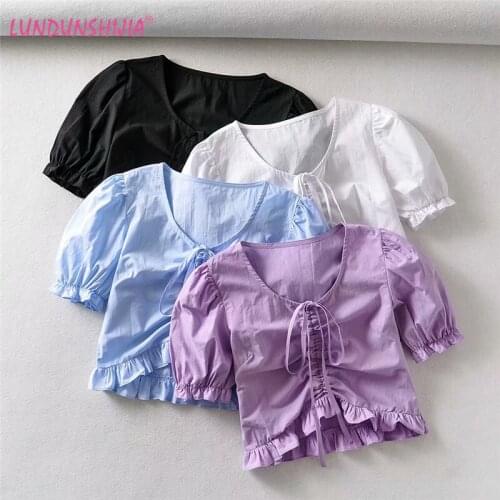 LUNDUNSHIJIA 2021 Spring Summer New Fashion Sweet Girl O-Neck Lace-up Blouse Ladies Ruffled Short Sleeve Drawstring Crop Tops