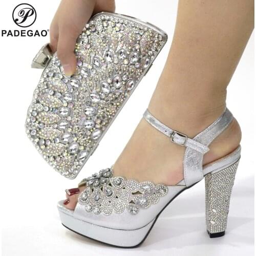Fashion African Women Party Shoe Italian Women Wedding Shoes with Bag Set with Rhinesone Italy High Heels Women Wedding Shoes